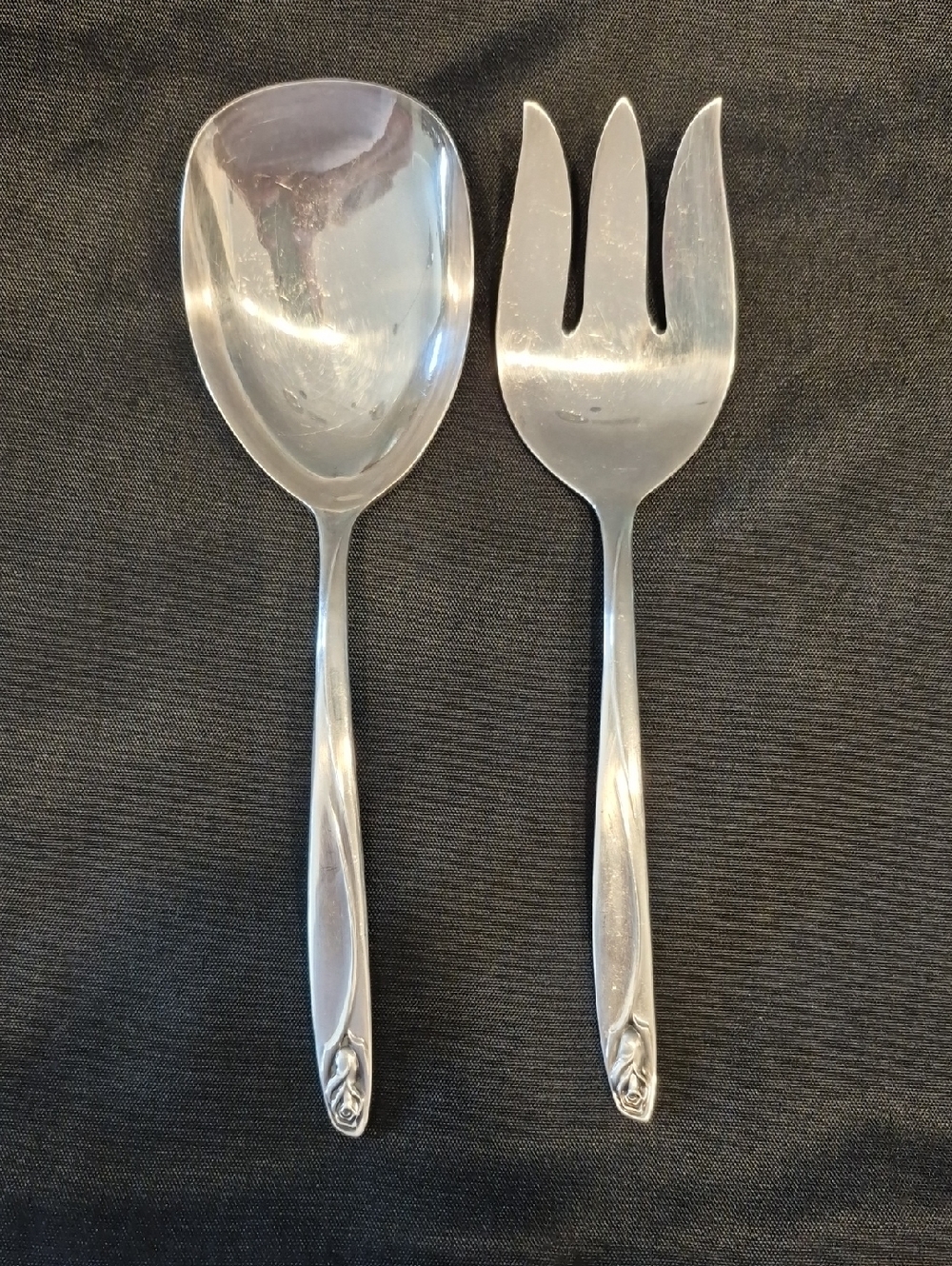 International Deep Silver Serving Spoon and Fork Anniversary Rose Pattern